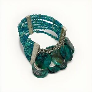 Turquoise Charm Bracelet Abalone Silver Toned Stretch Style